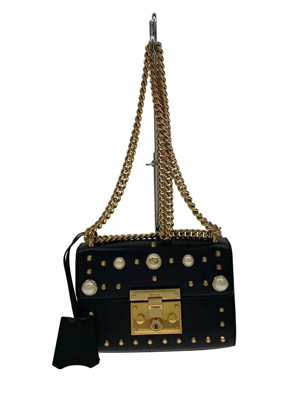 Gucci Chain Shoulder Bag Padlock Leather Black